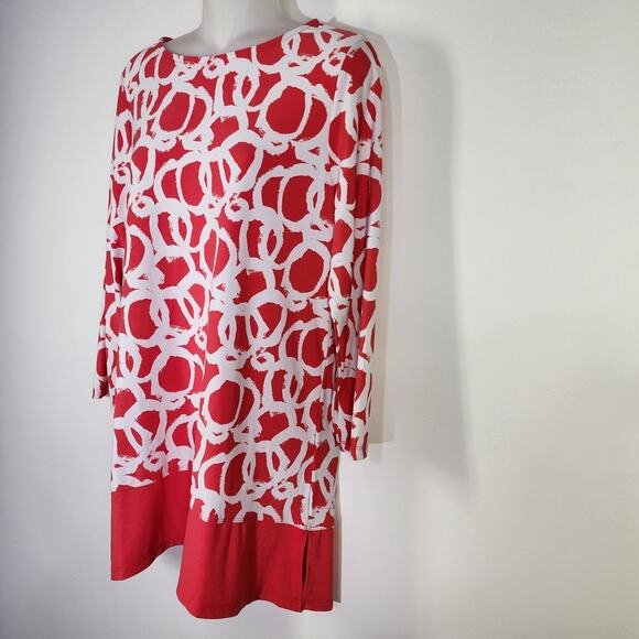 Susan Graver Womens Tunic Top Medium Red Liquid Knit Slits Printed 3/4 Sleeves - Picture 6 of 11